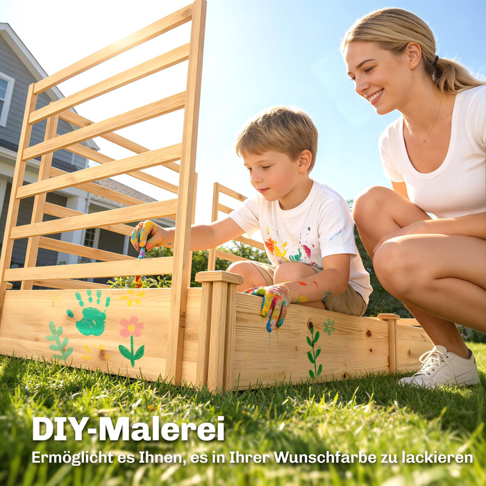 Підвищене грядка з шпалером, дерев'яний ящик для квітів з 3 перегородками та відкритим дном, розміром 240 x 125 x 102 см, з натурального дерева.