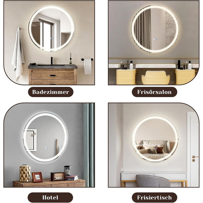 Дзеркало для ванної кімнати Mursche з підсвічуванням LED, 50x70 см, IP44, сенсорний вимикач, годинник, антизапар, регулювання яскравості 3000K-6500K