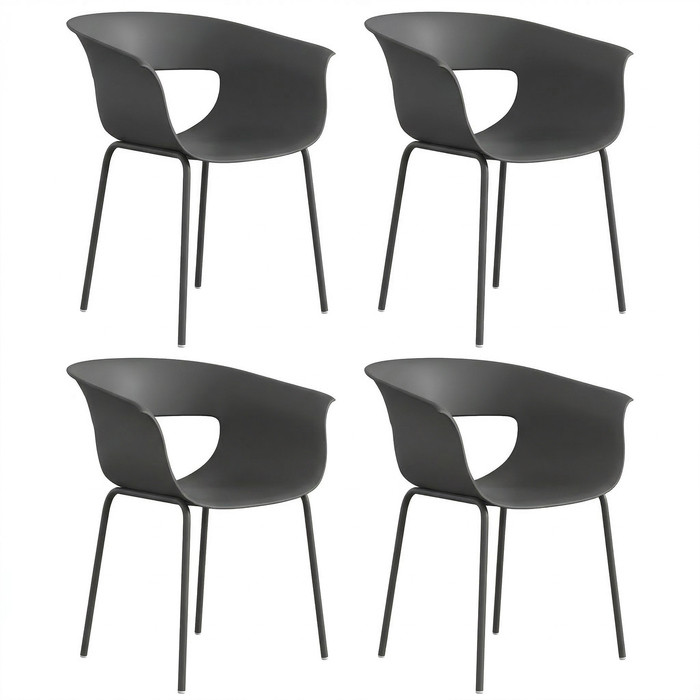 Набір садових стільців (4 шт.) з ергономічною спинкою, для балкона, з вирізами, підлокітниками, стійкі до погодних умов та іржі, темно-сірого кольору