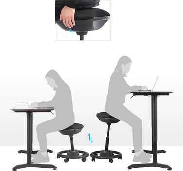 Високий робочий стілець SONGMICS з колесами, регульований, ергономічний, чорний (OSC007B01) - 59.5-81 см