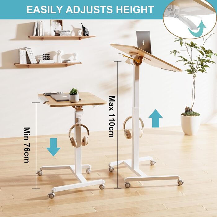 Регульований приставний столик ETHU з роликами, мобільний столик для ноутбука, диванний столик з нахиленою платформою, універсальний столик для дому (світле дерево)