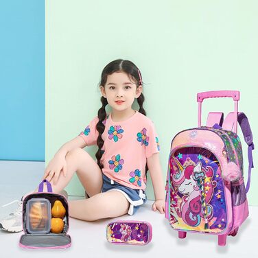 Дитячий рюкзак Egchescebo Satchel для дівчаток на колесах 17 3PCS Туристичні рюкзаки (Pink-djs)