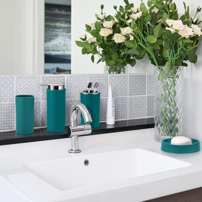 Набір аксесуарів для ванної кімнати 6tlg Badset: мильниця, стакан для зубних щіток, контейнер для косметики, щітка для унітазу з тримачем, мильниця, сміттєвий бак, тримач для зубних щіток, габардин для ванної (темно-бірюзовий дизайн 2a)