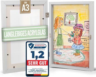 Рамки для дитячих малюнків KIYARI A4, 2 шт., білі, розкладні, з фронтальною відкриттям, для 150 малюнків, міцне дерево, безпечне скло, ідеально для творчих проєктів, дитячої кімнати та школи