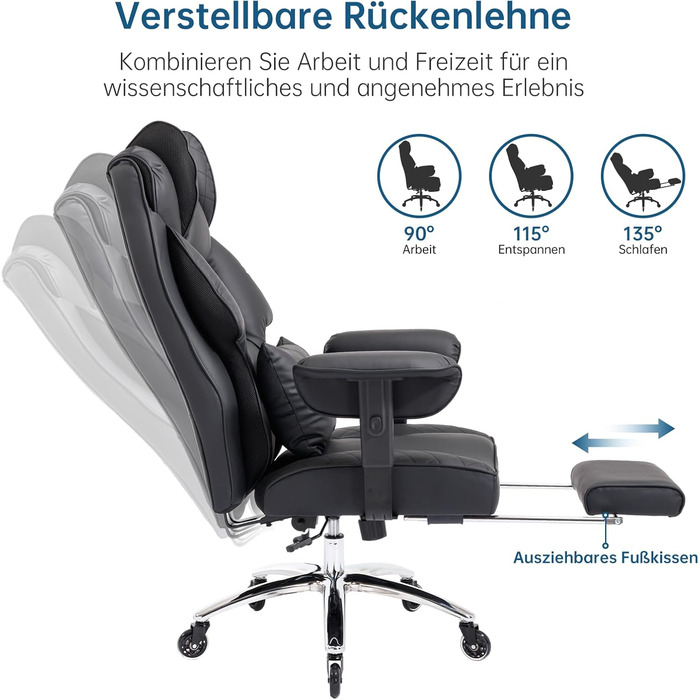 Офісний крісло Asukale Ergonomic 200kg з підніжкою, поперековою подушкою та широким сидінням, регульоване по висоті, імітація замші (чорний)