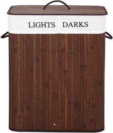Кошик для білизни Bakaji з двома відділеннями для сортування світлого та темного одягу, бамбук та тканина, складний, з кришкою та ручками