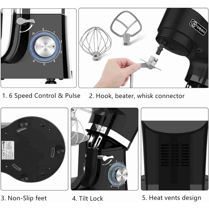 Кухонна машина 1500W з чашею 6.2L з нержавіючої сталі, 6 швидкостей, міксер для тіста, з набором насадок (вічорник, гак для тіста, вінчик), кришка-розбризкувач та скребок для тіста, чорна