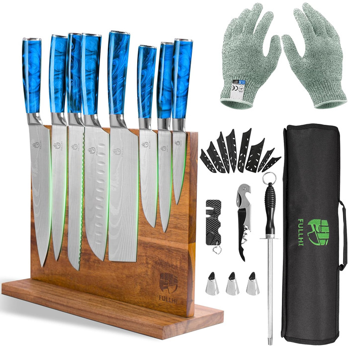 Японський набір ножів Fullhi 15 предметів з магнітним підставкою, з високоякісної сталі, ергономічні ручки з харчового пластику, для професійної та домашньої кухні