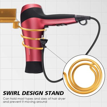 Тримач фена без свердління, тримач фена настінне кріплення, тримач для випрямляча, 2 відділення, тримач для кабелю, золото