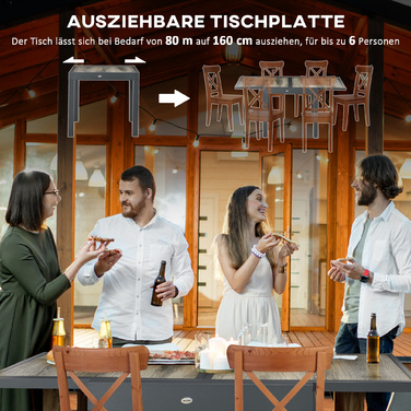 Розкладний садовий стіл з алюмінієвим каркасом та імітацією текстури дерева, розміром 160 x 80 x 75 см. Легкий у догляді.