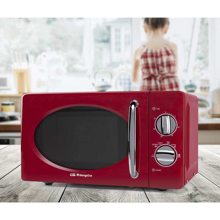 Мікрохвильова піч Orbegozo MI2020 20л, 700 Вт, червона, ретро-дизайн, 6 рівнів потужності, таймер 30 хв