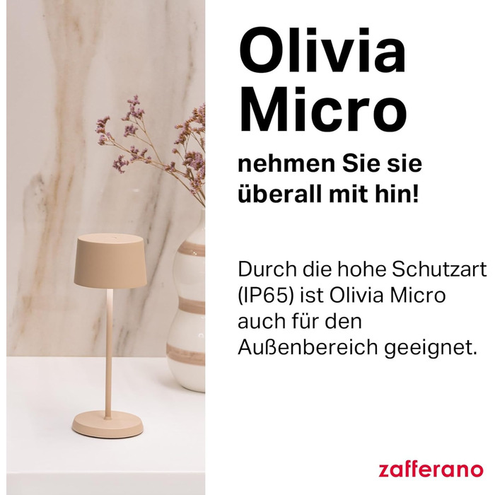 Zafferano Olivia Micro - Бездротова LED-лампа, 2200-3000K, регулювання яскравості, для дому та вулиці, 20 см, білий колір