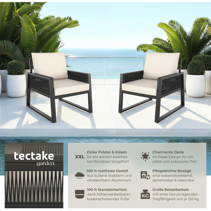 Набір садово-розкладних меблів tectake® Rope Design: 2 крісла, диван, стіл, подушки, для саду/балкону, 4 посадочні місця, вологостійкий, стиль 3