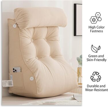 Подушка для читання COYEUX, велика подушка для ліжка з кишенею, спинка для телевізора, клиновидна подушка з підтримкою шиї, для сидіння в ліжку, на дивані або на підлозі (з підголовником) сіро-блакитна, ширина 55 см (з підголовником)