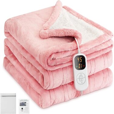 Електрична ковдра з автовимкненням 130x180 см, 8 рівнів нагріву, таймер 12 годин, пральна машина, флісова ковдра для ліжка, дивана, офісу, рожева