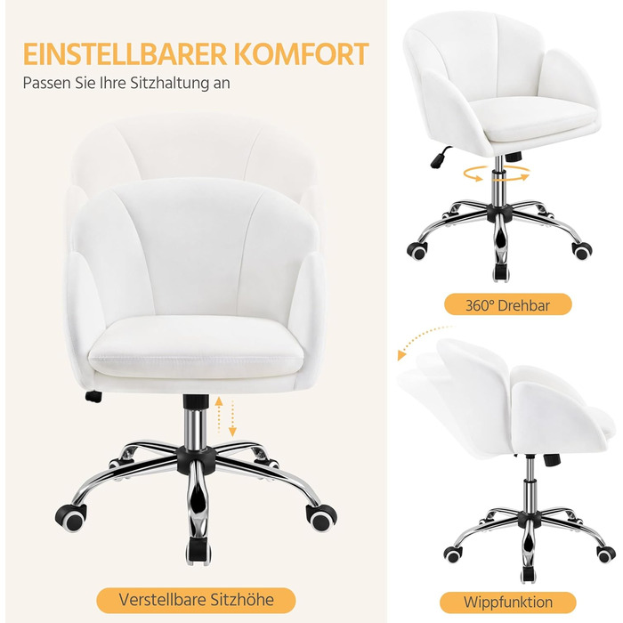 Крісло Yaheetech для дому та офісу: крісло для макіяжу, крісло для робочого столу, регульоване по висоті, поворотне, до 136 кг, з підлокітниками та спинкою, для спальні, офісу, вітальні, біле, велюрове