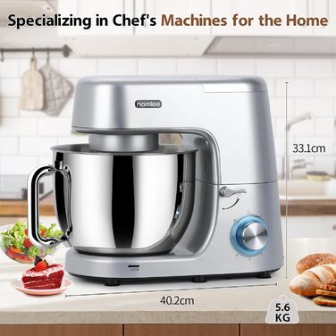 Потужна кухонна машина 1800W з великою чашею 7.2 л з нержавіючої сталі, міксер, насадки для тіста, збивання та насадка-віночок, сріблястий