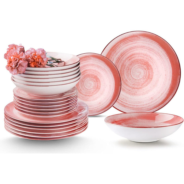 Набір посуду Konsimo Combi на 6 персон LINARI Modern Plate Set 18 предметів Столовий набір - Сервіз та набори посуду - Комбо-сервіз на 6 персон - Сімейний сервіс - Барвистий посуд (кораловий, 36 предметів)