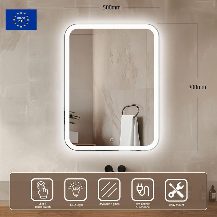Дзеркало для ванної кімнати Venti 50x70 см з підсвічуванням та сенсорним вимикачем, LED дзеркало для ванної кімнати