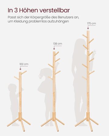 Стійка для одягу VASAGLE з масиву дерева, 8 гачків, 3 регульовані висоти, для одягу, шапок, сумок, вітальня, спальня, офіс, RCR04GY (натуральний колір)