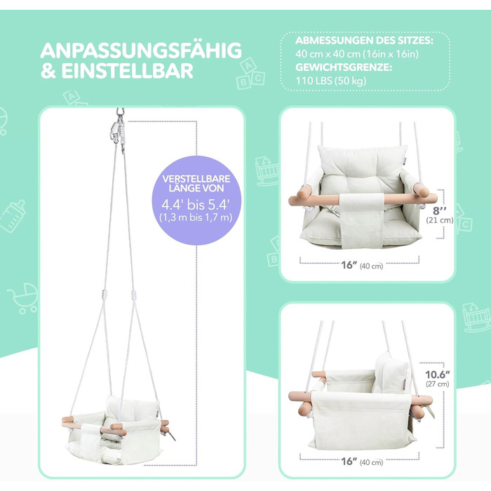 Дерев'яна гойдалка для малюків Cateam - ідеальна для дому та саду. З безпечним ремінцем, від 12 місяців. Елегантно-кремовий колір.