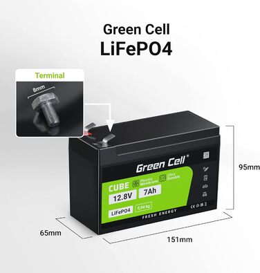 Акумулятор Green Cell LiFePO4 7Ah 12,8 В, літієва батарея 2560 Втгод з BMS, термін служби 10 років, 5500 циклів