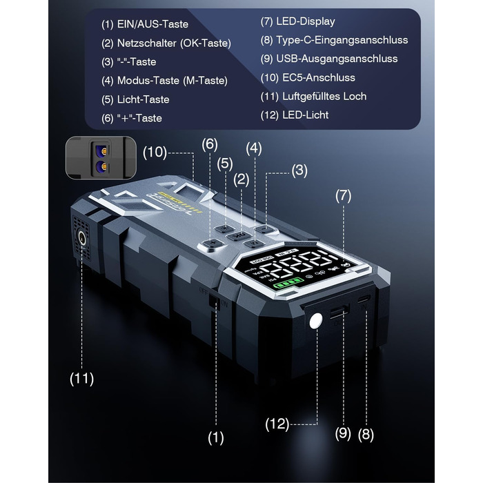 Powerbank Starthilfe 7000A з компресором та LED-ліхтариком: 160PSI, 12V для бензинових та дизельних авто (10L)