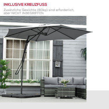 Вітростійкий парасоль для саду Ø293 см з бічною ручкою та хрестоподібною основою, захист від вітру, водовідштовхувальне покриття, темно-сірий