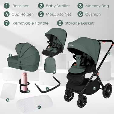 Дитяча коляска 2-в-1 BabyVoyage – комбінована коляска з люлькою та прогулянковим блоком, поворотні колеса 360°, амортизація, регульована ручка, складна конструкція, аксесуари, колір зелений