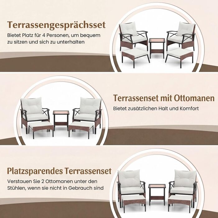 Садовий набір меблів COSTWAY з ротангу, 5 предметів: 2 крісла з подушками, пуф та стіл для балкона, тераси, саду (коричневий + бежевий)