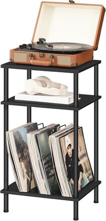 HOOBRO Підставка для програвача, 3-рівнева, приставний столик, органайзер для платівок, CD та альбомів, вінтажний коричневий та чорний (Чорний)
