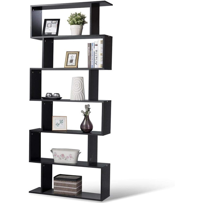 Дерев'яна книжкова шафа BAKAJI з 6 полицями, зигзаг сучасного дизайну для вітальні, вітальні, дому або офісу, розмір 80 x 24 x 190 см (чорний)