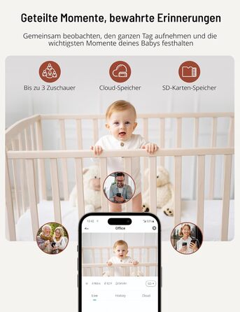 Відеоняня PARIS RHÔNE з 2 камерами, WiFi, 2K UHD, нічник, датчик руху/плачу, контроль температури та вологості, колискові