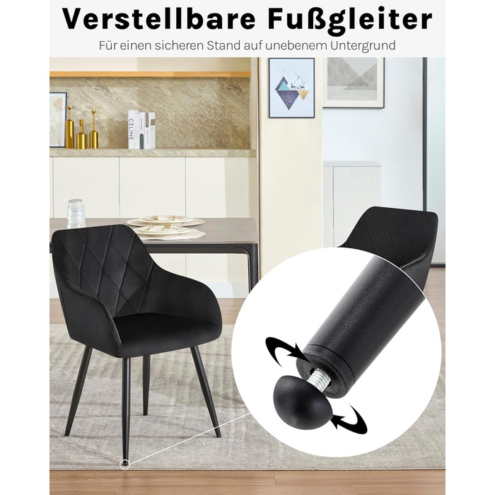 Набір обідніх стільців Woltu з підлокітниками та спинкою, для кухні, вітальні, їдальні, м'який оксамитовий чохол, металеві ніжки (Чорний, 8 шт.)