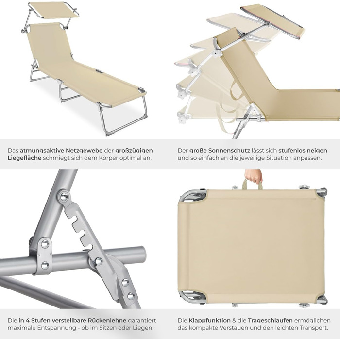 Лежак для саду Tectake з сонцезахистом, розкладний, для балкону/тераси, з регульованою спинкою, пляжний, до 110 кг, сірий (Бежевий | № 400656)