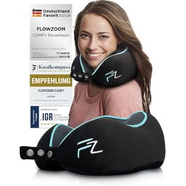 Подушка для шиї FlowZoom Comfy: регульована, з memory foam, для авто та літака - 360° підтримка, дихаючий чохол, чорна