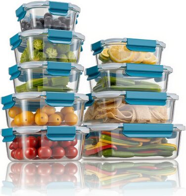 Набір контейнерів для зберігання продуктів Glas, 18 частин (9 контейнерів, 9 кришок), BPA-free, безпечні для миття в посудомийній машині, мікрохвильовій печі та морозильній камері, виготовлені з скла, блакитні