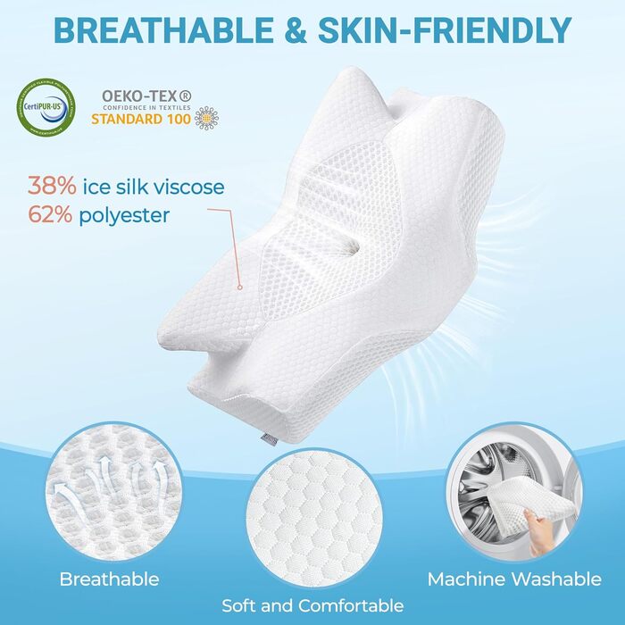 Ортопедична подушка Elviros з Memory Foam для тих, хто спить на боці, з підтримкою шиї, для зняття болю в шиї та плечах, 53.8x11/9x33 см, блакитна