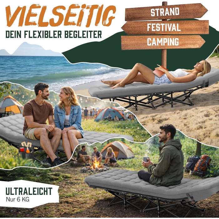 Розкладне туристичне ліжко ELONEO NEU з преміум-матрацом, витримує до 200 кг, з сумкою для транспортування, сіре