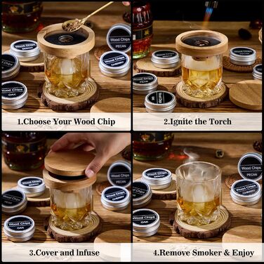 Набір для копчення віскі – Old Fashioned Cocktail Geschenkset з 6 ароматичними дерев'яними чіпсами, 4 гранітними камінцями, запальничкою та аксесуарами для любителів віскі та коктейлів (без бутану) (силіконова куля & гранітні камені)