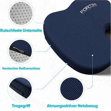 Подушка для сидіння та підтримки попереку FORTEM XL - м'яка, з memory foam, для офісного крісла, авто, геймінгу. Великий розмір, синій сітчастий матеріал