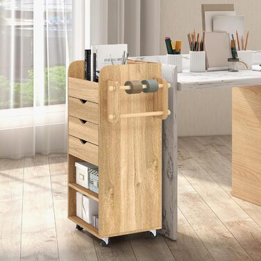 Роликовий контейнер COSTWAY з 3 висувними ящиками, візень для рукоділля з 2 стійками та 3 полицями, дерев'яний шафка на колесах, багатофункціональний візень для офісу та робочого кабінету (білий, натуральний колір)