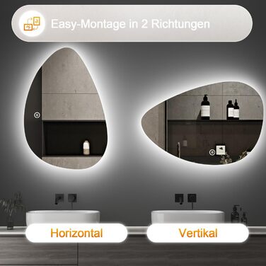 Асиметричне дзеркало для ванної кімнати Boromal з підсвічуванням 80x80 см, LED, сенсорний вимикач, 3 кольори, регулювання яскравості