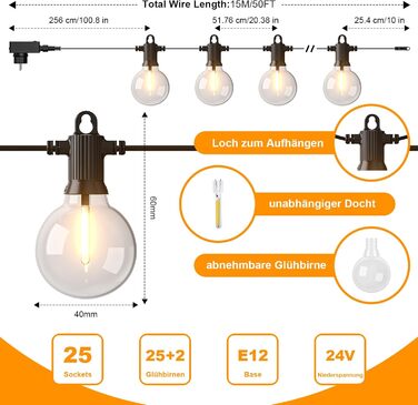 Ланцюжок прикрас Kawaya 10M з LED-лампочками для вулиці: 15+1 лампа, IP65, тепле світло, для балкона, тераси, саду, вечірки