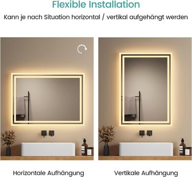 Дзеркало для ванної кімнати EMKE з підсвічуванням 120x60 см, тепле біле світло 3000K, вимикач, матовий бортик 2.70 x 50 см