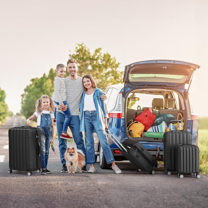 Набір валіз LALAHO 3/4/5 шт. з косметичками, ABS, чорний. Валізи для подорожей, ручна поклажа