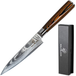 Ніж кухарський Damast від Wolfblood (24см) з нержавіючої сталі Damast, 67 шарів, з дерев'яною ручкою, сертифікований TÜV, у подарунковій коробці з захистом леза