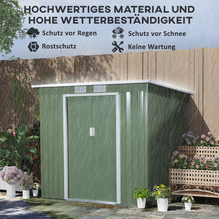 Outsunny Garden Shed 2,42 м², Садовий сарай з вентиляційним вікном, Розсувні двері, Фундамент, 213 x 130 x 159/172 см, Садовий сарай з оцинкованої сталі, Атмосферостійкий, Для саду, Зелений | Аосом