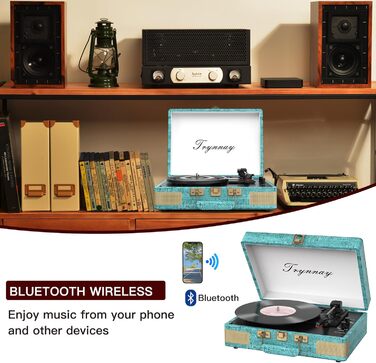 Вініловий програвач Trynnay 3-швидкісний Bluetooth, портативний ретро програвач у валізі з вбудованими динаміками, покриття зі штучної шкіри, синій