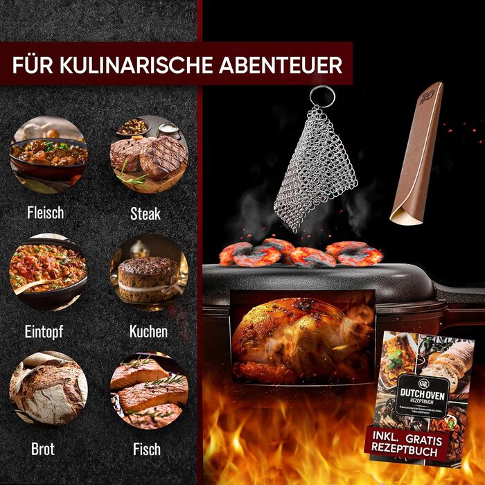 Нідерландський горщик 2в1 з чавуну 4.8л & сковорода з чавуну 1.8л - Набір нідерландського горщика з подвійною функцією - з кулінарною книгою та аксесуарами для барбекю, кемпінгу та кухні - 30 років гарантії (2в1 сковорода)
